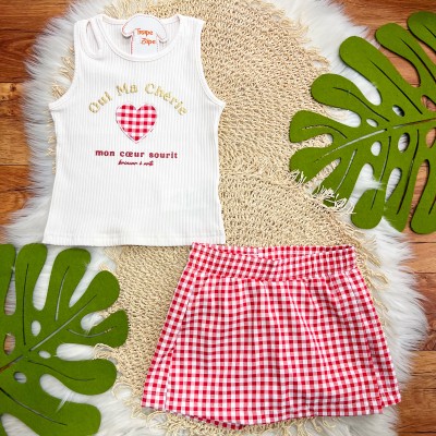  Conj. Regata Oui My Chérie e Short Saia Xadrez - Vermelho e Off White